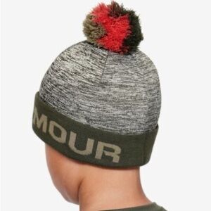 Under Armour Green Hat Boys One Size Beanie Coldgear Pom Winter Knit Orange